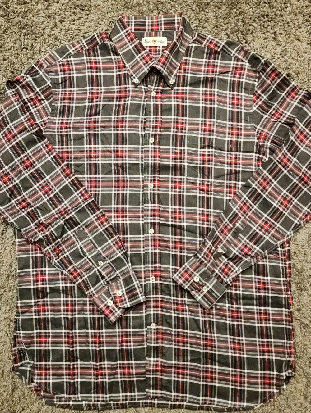 Alan Paine England plaid checkered red gray navy blue shirt | Size XL